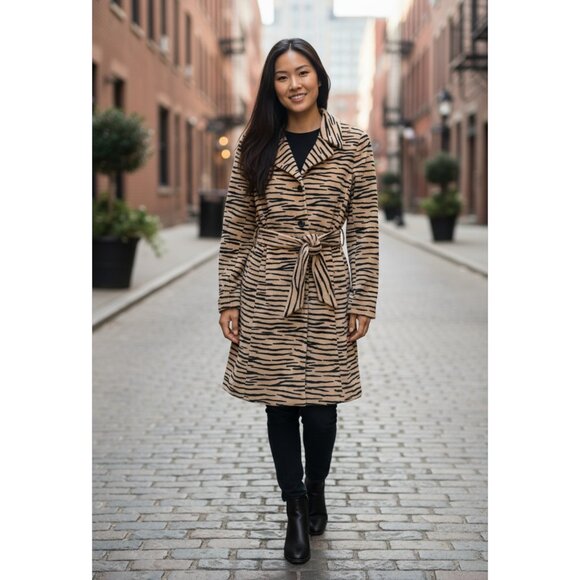 Bebe Women's Small Tiger Print Belted Coat Jacket Animal Print Trench Outerwear - Picture 1 of 6